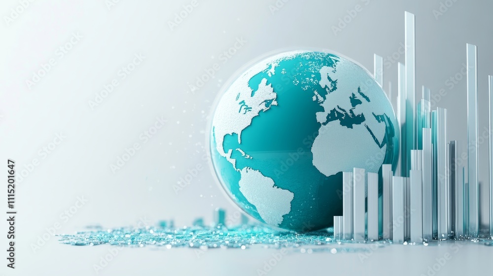 Poster creative visualization of a globe representing global data and growth trends with rising bars, symbo