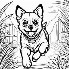A line art black-and-white illustration of a cute dog