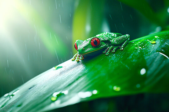 Close up of a red eyed tree frog on a green leaf, sharp eye focus and vivid color, blurred rainforest backdrop