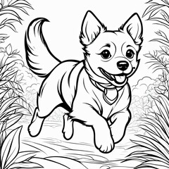 A line art black-and-white illustration of a cute dog