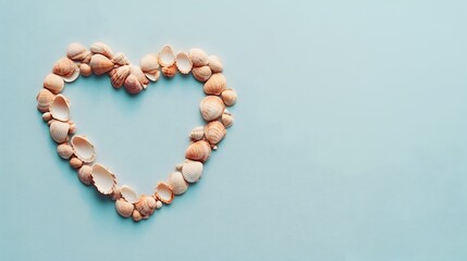 Obraz premium Romantic heart shaped arrangement made of seashells resting on a peaceful sandy beach conveying a sense of serene coastal getaway and tranquil natural beauty in a 3D digital