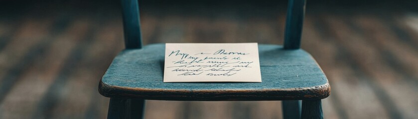 Always loved and remembered. A handwritten note resting on a rustic wooden chair.