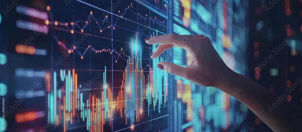Poster intricate data visualization creates a vibrant interaction between technology and human insight in a