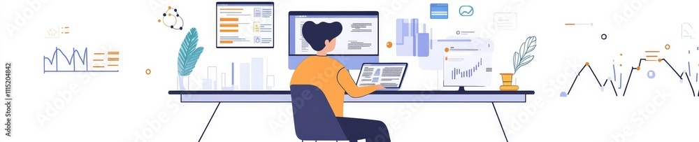 Poster creating digital reports and analyzing data trends with multiple screens in a modern workspace durin