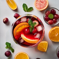 Naklejka premium Modern flat lay of a sangria glass with red wine, fruit slices, ice, and garnishes, perfect for vibrant summer menus and festive promotions