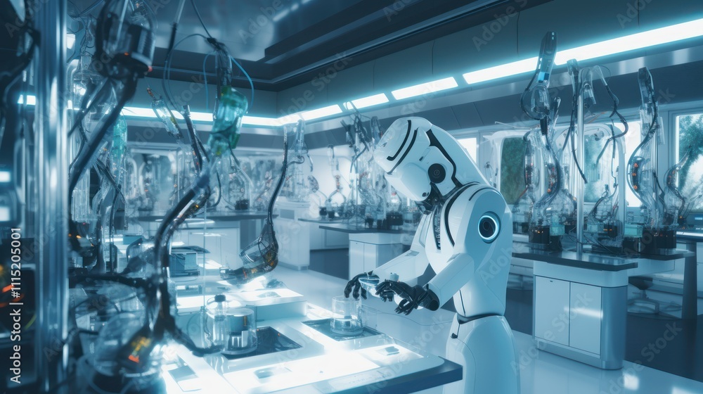 Poster futuristic laboratory: a robot in a high-tech environment