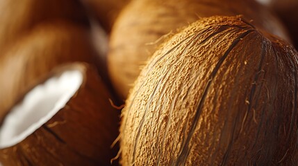 Close-up View of a Fresh Coconut Shell on a Tropical Background