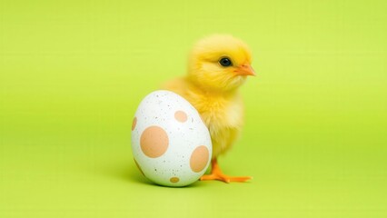 Adorable Yellow Chick Sitting Next to Speckled Easter Egg on Bright Green Background Perfect for Spring Celebrations
