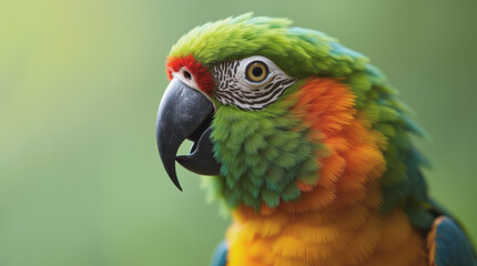 Fototapeta premium A beautiful green, orange and blue Amazon parrot. Closeup portrait. The parrot is in profile and isolated against a vibrant green background. An exotic bird.
