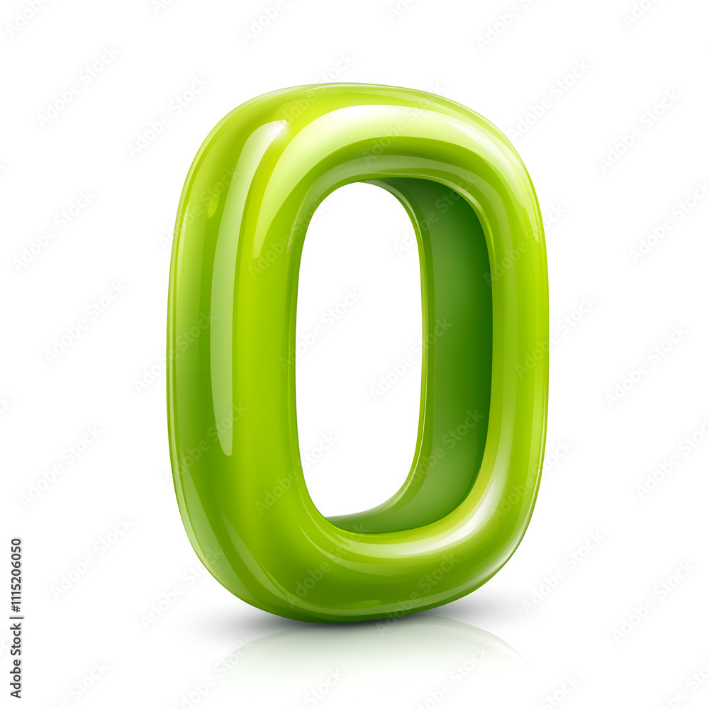 Poster Green number zero in a glossy, modern style with a smooth surface and a vibrant appearance on a white background