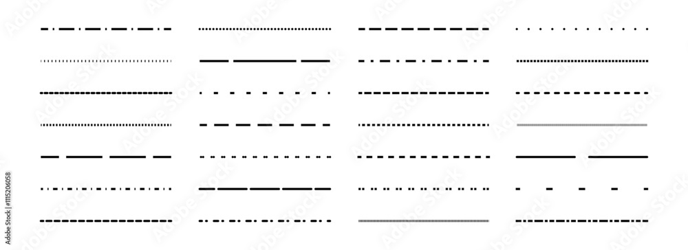Aufkleber Dashed thin lines set. Black straight dotted stripe collection. Separate and divide element bundle for flyer, poster, brochure, banner, booklet, leaflet. Vector design pack