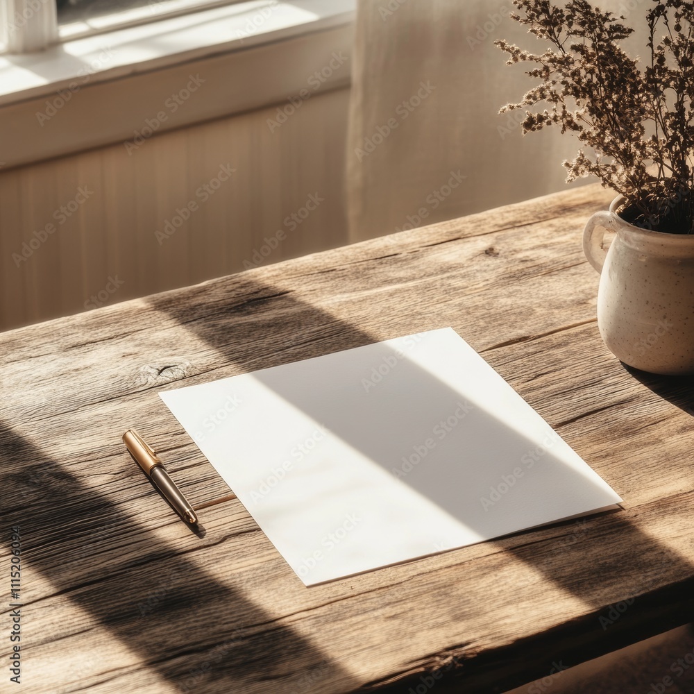 Poster sunlight streams through a window illuminating a blank canvas on a rustic wooden table with delicate