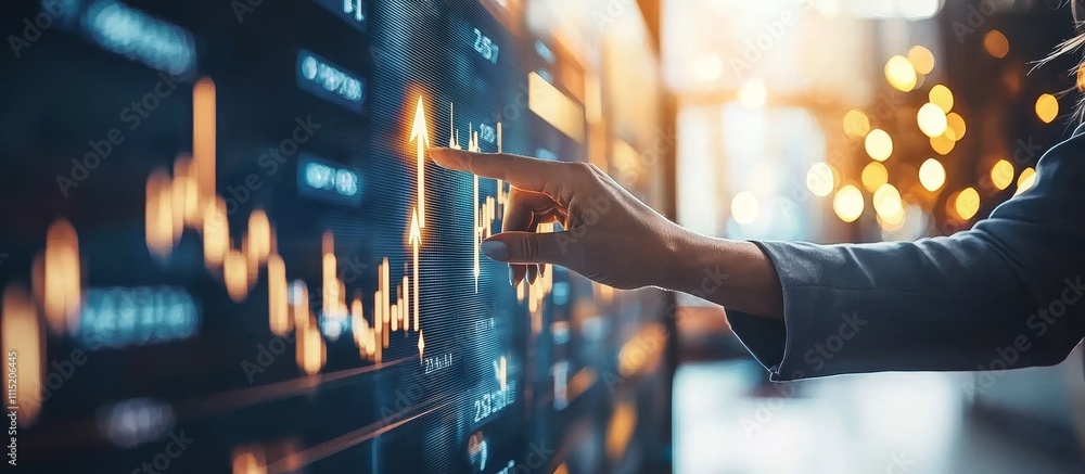 Poster exploring digital finance trends with a hand pointing at dynamic stock market graphs during a bright