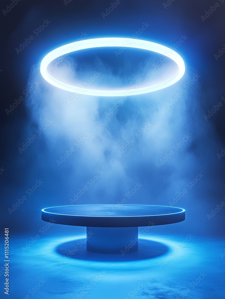 Poster illuminated circular halo hovers above a futuristic table in a dimly lit space with ethereal mist cr