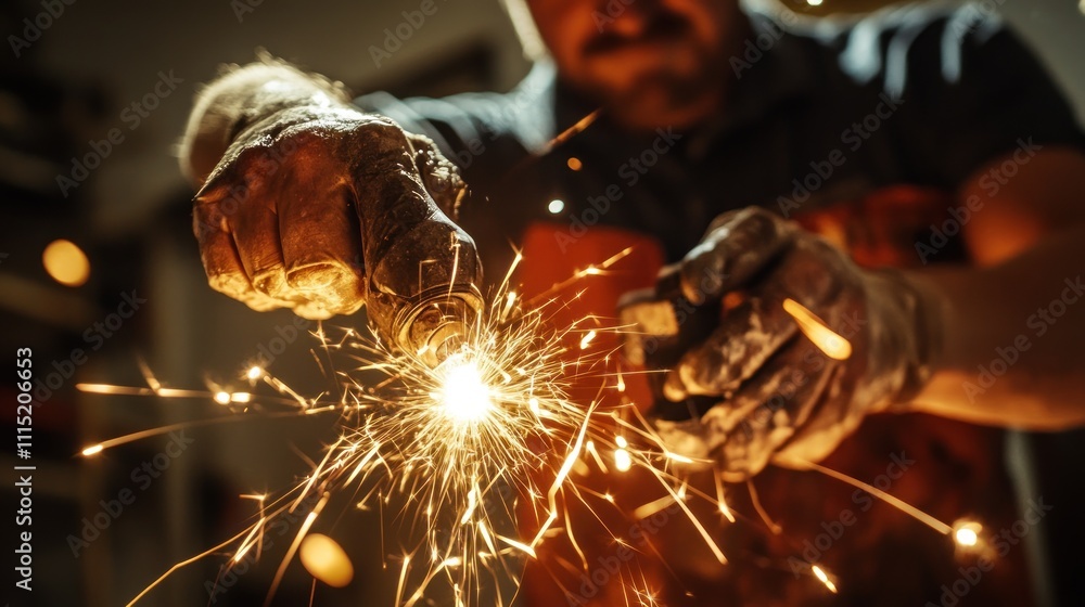 Poster a close-up of a worker using a power tool, creating sparks in a workshop setting.
