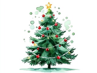 Fototapeta premium A vibrant, decorated Christmas tree with ornaments and a star, set against a white background.