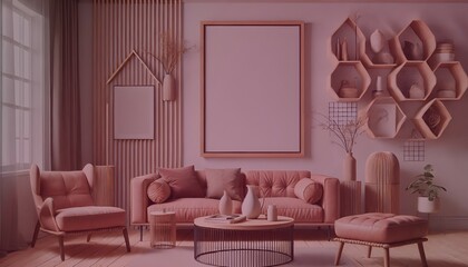 Frame mockup, ISO A paper size. 3d interior room render. Living room wall poster mockup. House background. Modern interior design. 3D render. Modern Minimalist Frame and Blank Poster Home Furniture
