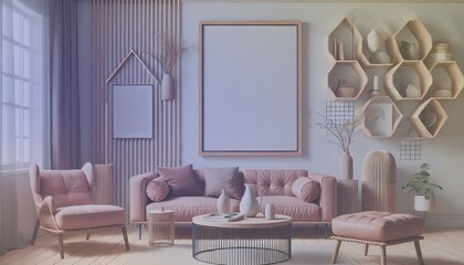 Frame mockup, ISO A paper size. 3d interior room render. Living room wall poster mockup. House background. Modern interior design. 3D render. Modern Minimalist Frame and Blank Poster Home Furniture