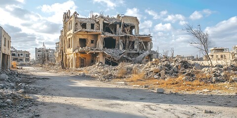 Fototapeta premium The ruins of cities hit by missiles in war can symbolize the violence and loss of international warfare. This image can be used to raise awareness of the effects of war and support calls for peace. 