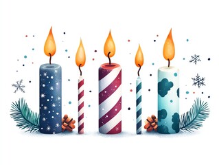 A colorful arrangement of festive candles with varying patterns, emitting a warm glow against a white background.