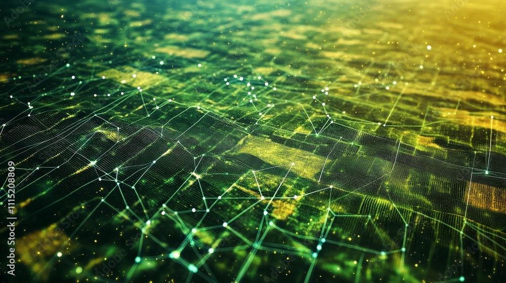 Poster exploring the vibrant landscape of digital connectivity through abstract networks and glowing patter