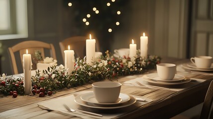 Fototapeta premium A beautifully set dining table adorned with candles and greenery, creating a warm and inviting atmosphere for gatherings.