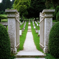 Naklejka premium Always loved and remembered. A serene pathway leading through a tranquil cemetery.