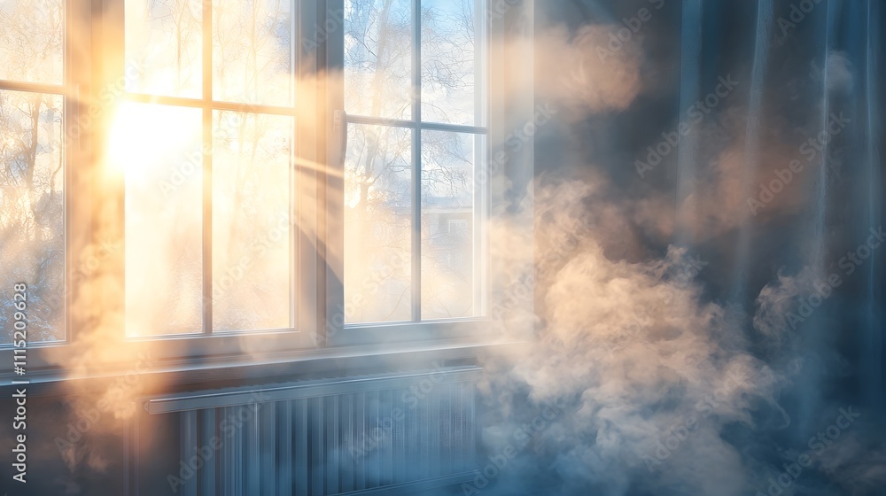 Poster detailed close up view of microscopic pm2 5 airborne particulate matter suspended and illuminated by