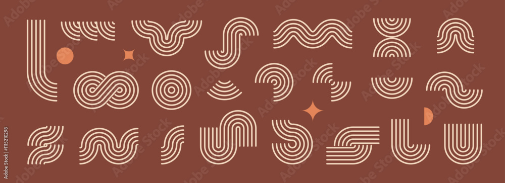 Poster Boho line element set. Brown wave, zigzag and arch form design. Mid century geo curve and arc collection. Bohemian decorative ornamental shape bundle for badge, icon, poster, banner, template. Vector