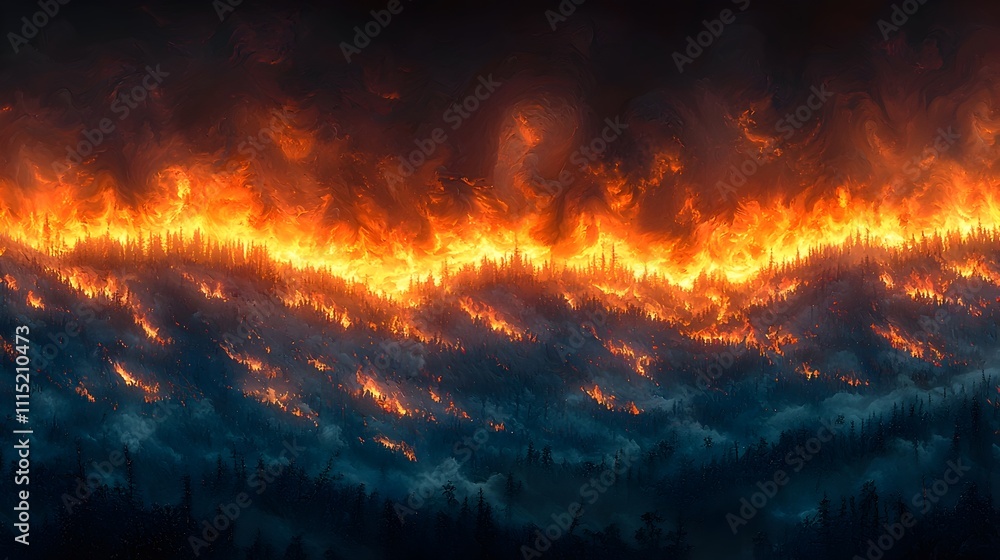 Poster aerial view of a forest in flames with smoke clouds spreading across the horizon symbolizing the dev