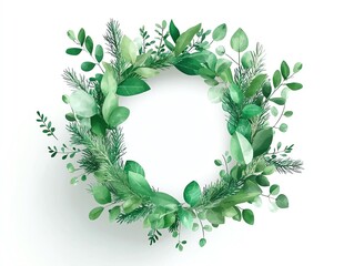 Fototapeta premium A beautiful circular wreath made of various green leaves and foliage, isolated on a white background.