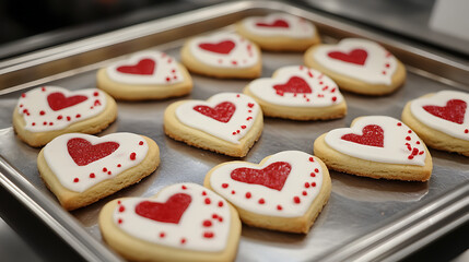Fototapeta premium Multiple heart-shaped cookies decorated with icing on a tray 