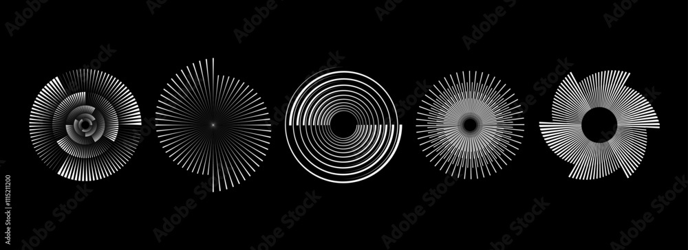 Leinwandbilder radial spiral pattern set. circular spinning speed lines form collection. rotating circle sound wave