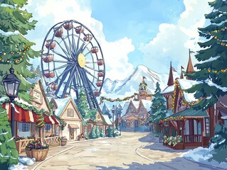 A whimsical winter village scene featuring a decorated street and a giant Ferris wheel under a blue sky.