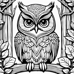 Obraz premium A line art black-and-white illustration of a cute Owl