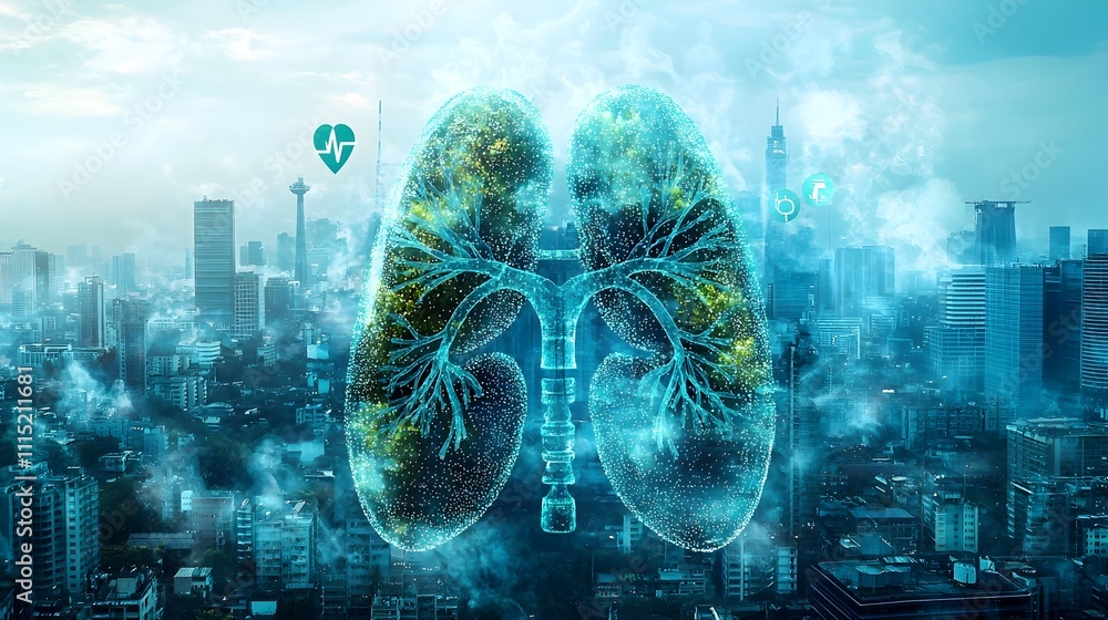 Poster graphic representation of pm2 5 effects showcasing particles and respiratory system visuals pollutio