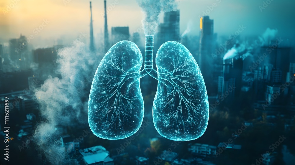 Poster graphic visualization showcasing the impact of pm2 5 pollution on the respiratory system with icons 