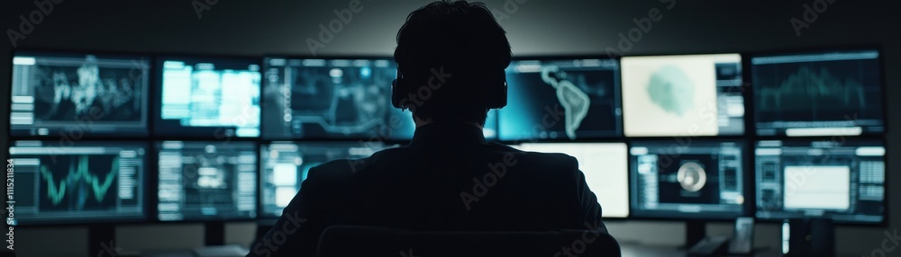 Aufkleber silhouette of person in front of multiple screens with financial data