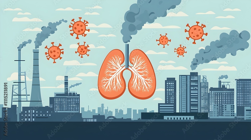 Poster minimalist infographic depicting pm2 5 pollution sources particle icons and the impact on lungs in a