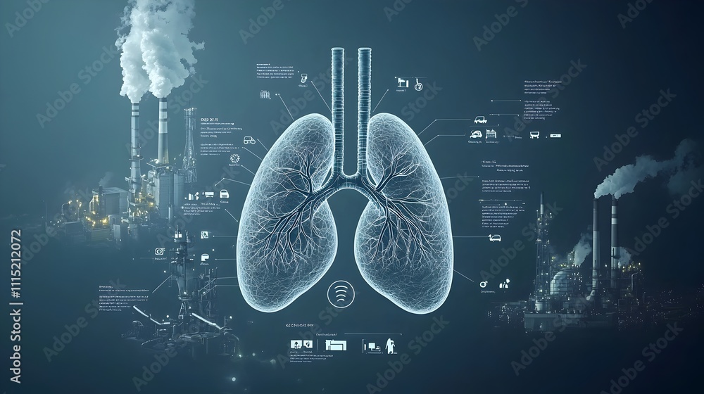 Poster minimal and clean infographic visualizing the entry of harmful pm2 5 particles into lungs with visua