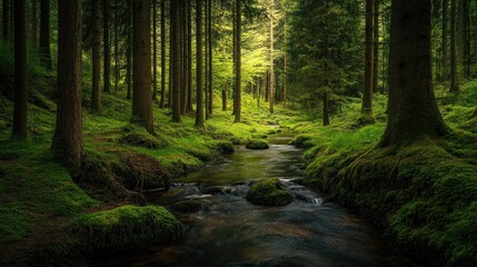 Obraz premium Tranquil Creek Through Lush Forest