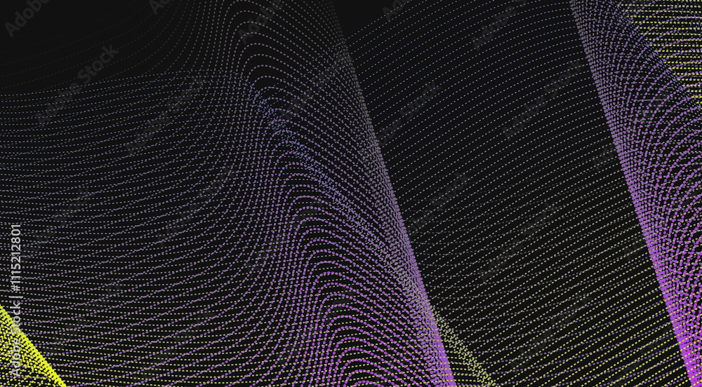Poster abstract yellow purple halftone with dark background with waves for banner. medium banner size. illu