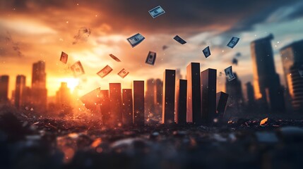 A crumbling economy represented by a GDP graph collapsing like dominoes, money flying away, and a bleak skyline with fading light
