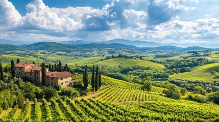 Fototapeta premium Tuscan Landscape with Vineyard and Farmhouse