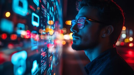 Obraz premium Focused man gazing at vibrant holographic display projections of data and icons on urban street.