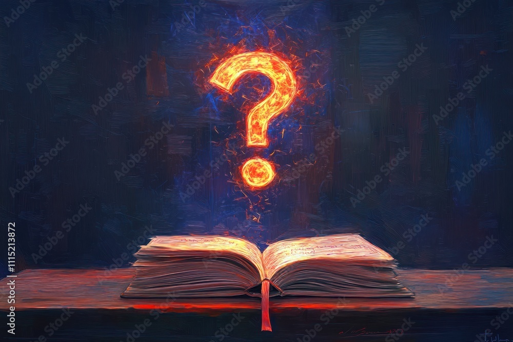 Poster an open book with a glowing question mark above it, symbolizing curiosity and knowledge.