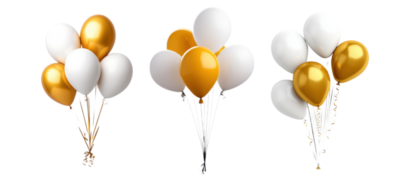 Set of Black, white, and gold balloons with polka dots isolated on transparent background