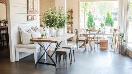 Fototapeta premium Rustic Farmhouse Interior Design with Wooden Table and White Seating