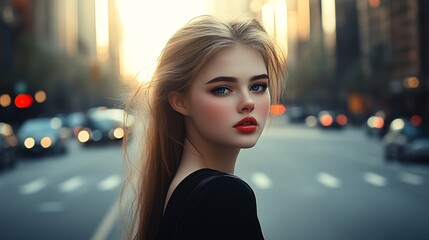 Fototapeta premium a fashion girl at the city walking in the street, a fashion editorial photo. 