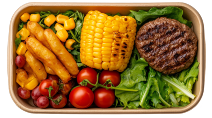Fresh vegetables and beef steak  whith organic sausages, perfect ingredients for a healthy meal
